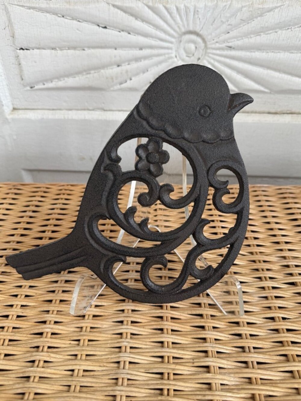 Vintage 90's Cast Iron Floral Bird Trivet Hot Plate French Cottage Decor